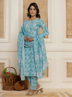 Yufta Teal Green Floral Print Cotton Straight Style Kurta And Trousers With Dupatta Set | Grocsy