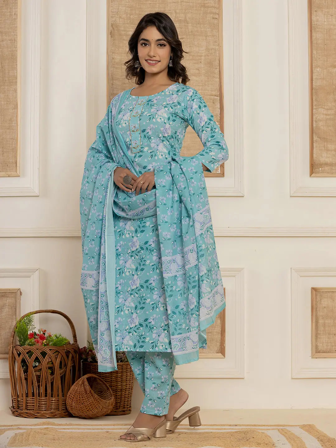 Yufta Teal Green Floral Print Cotton Straight Style Kurta And Trousers With Dupatta Set | Grocsy