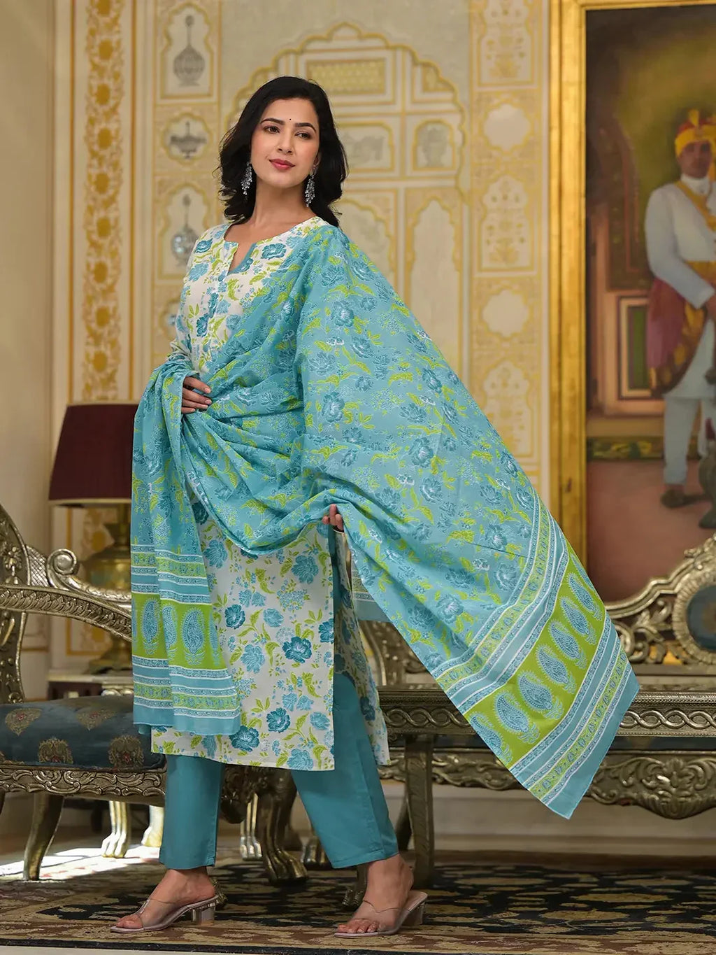 Yufta Teal Green Floral Print Straight Button Show On Yoke Kurta Trouser And Dupatta Set | Grocsy