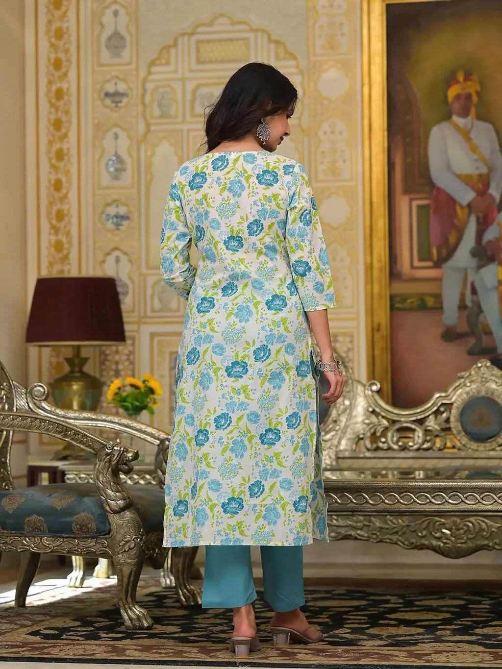 Yufta Teal Green Floral Print Straight Button Show On Yoke Kurta Trouser And Dupatta Set | Grocsy