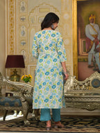 Yufta Teal Green Floral Print Straight Button Show On Yoke Kurta Trouser And Dupatta Set | Grocsy
