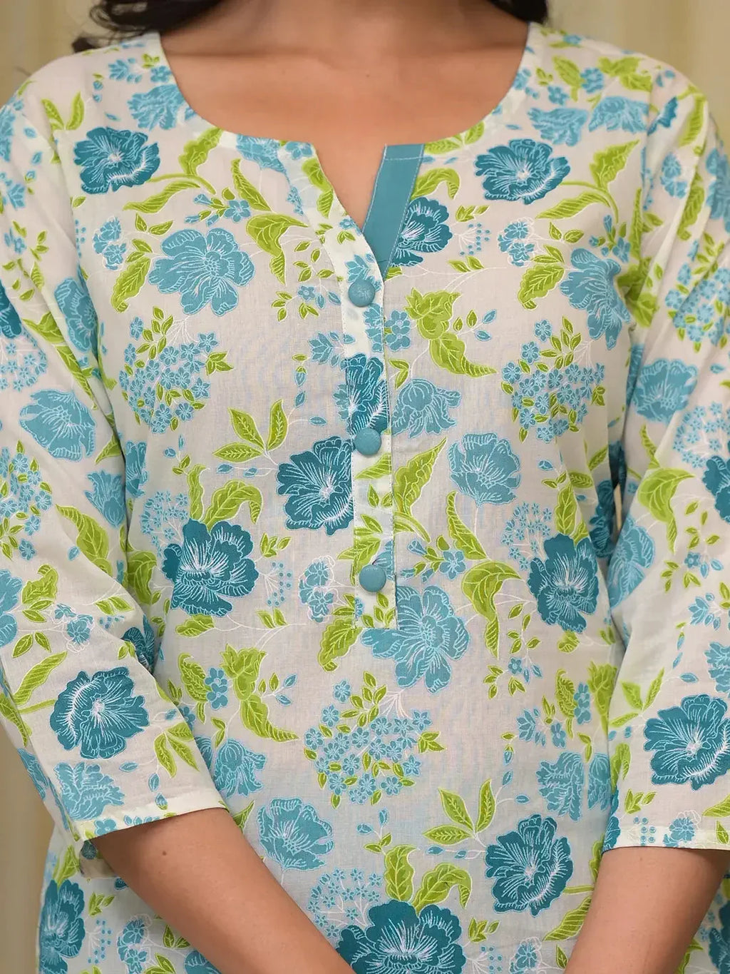 Yufta Teal Green Floral Print Straight Button Show On Yoke Kurta Trouser And Dupatta Set | Grocsy