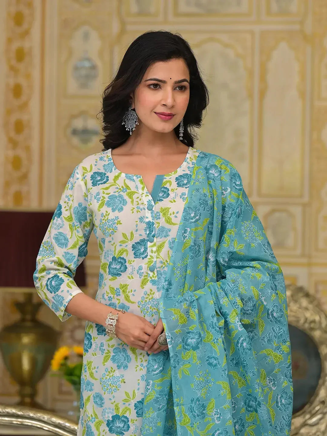 Yufta Teal Green Floral Print Straight Button Show On Yoke Kurta Trouser And Dupatta Set | Grocsy