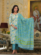 Yufta Teal Green Floral Print Straight Button Show On Yoke Kurta Trouser And Dupatta Set | Grocsy