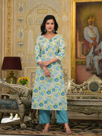 Yufta Teal Green Floral Print Straight Button Show On Yoke Kurta Trouser And Dupatta Set | Grocsy