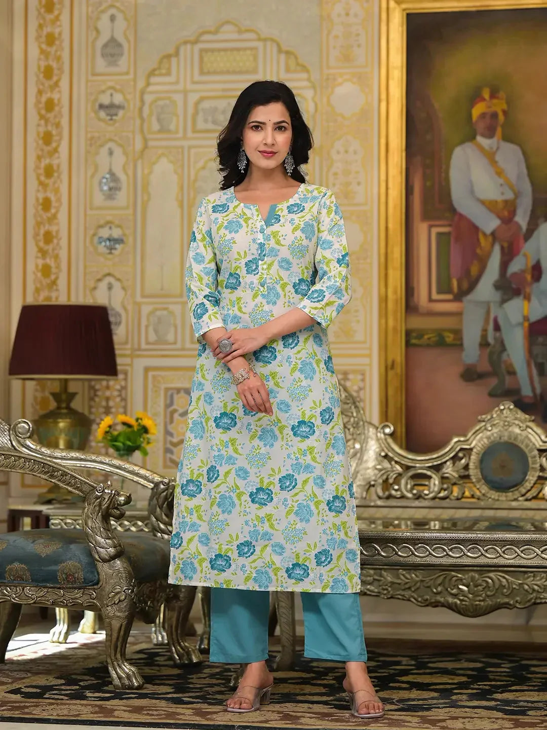 Yufta Teal Green Floral Print Straight Button Show On Yoke Kurta Trouser And Dupatta Set | Grocsy