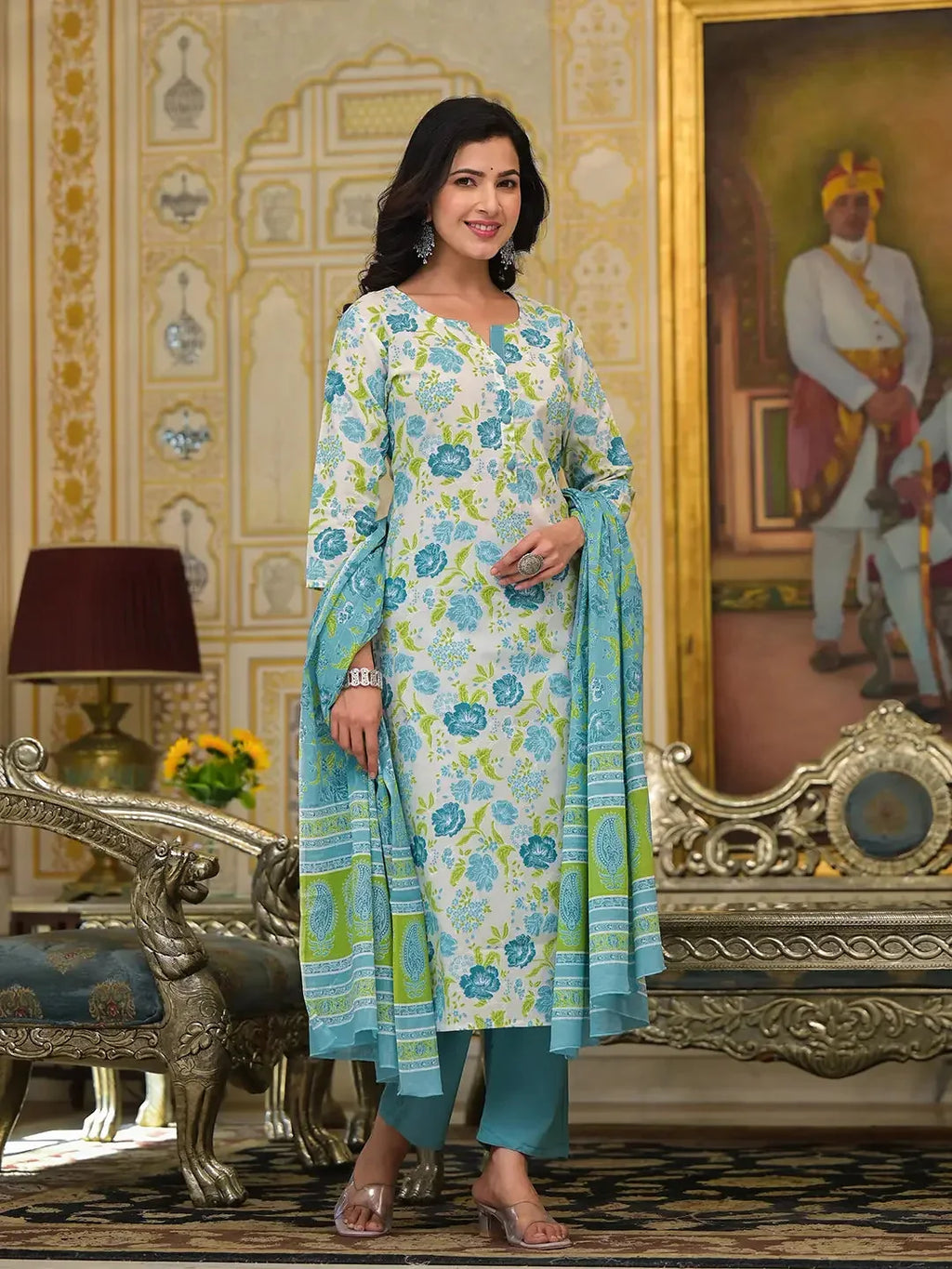 Yufta Teal Green Floral Print Straight Button Show On Yoke Kurta Trouser And Dupatta Set | Grocsy