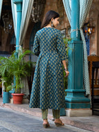 Yufta Teal Green Floral Sequins_Work Kurta Trouser With Dupatta Set | Grocsy