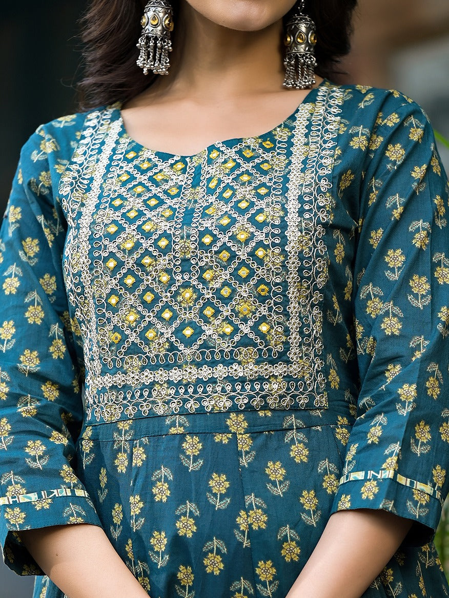 Yufta Teal Green Floral Sequins_Work Kurta Trouser With Dupatta Set | Grocsy