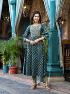 Yufta Teal Green Floral Sequins_Work Kurta Trouser With Dupatta Set | Grocsy