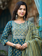 Yufta Teal Green Floral Sequins_Work Kurta Trouser With Dupatta Set | Grocsy
