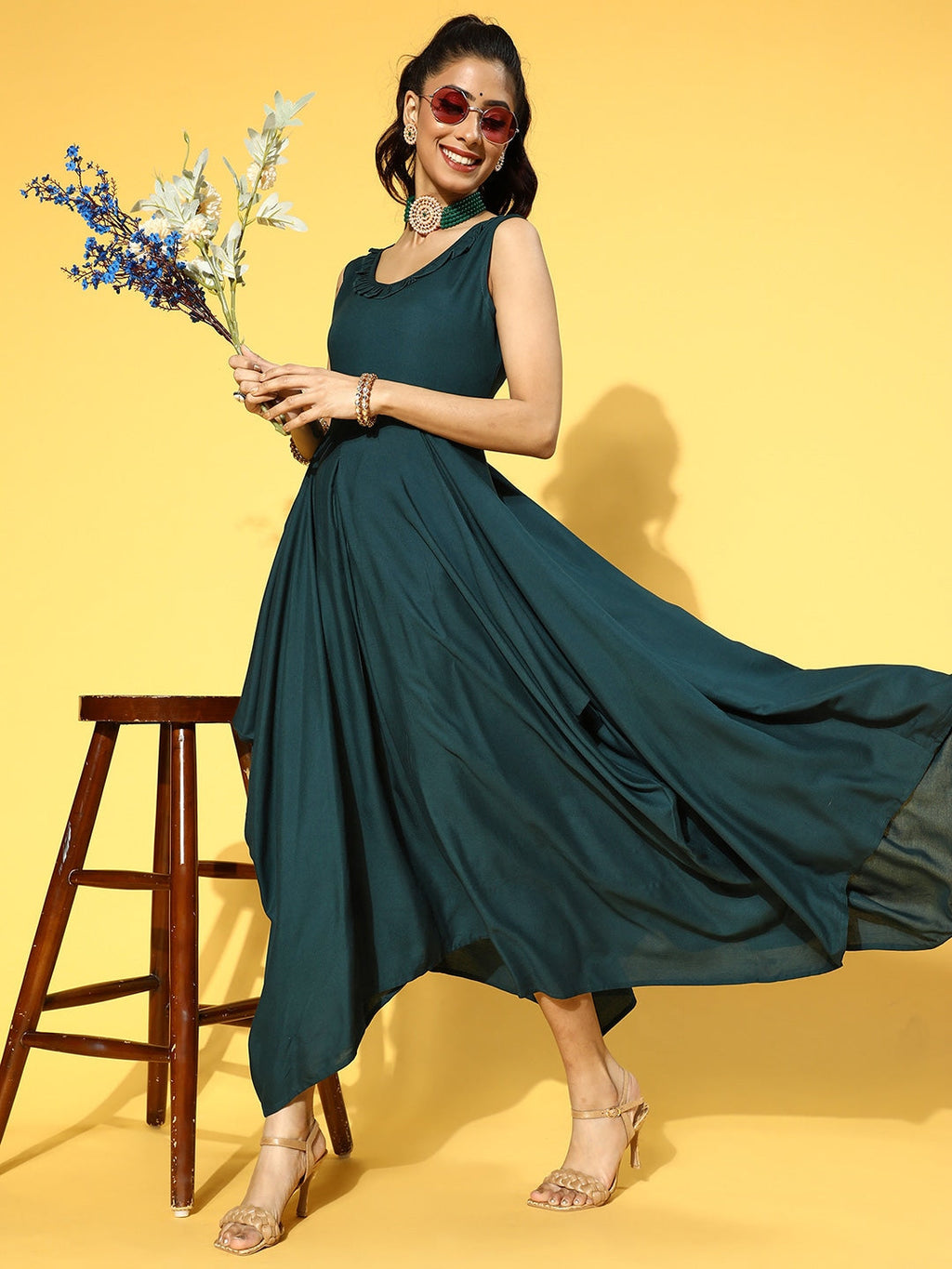 Yufta Teal Green Solid Maxi Dress | Grocsy