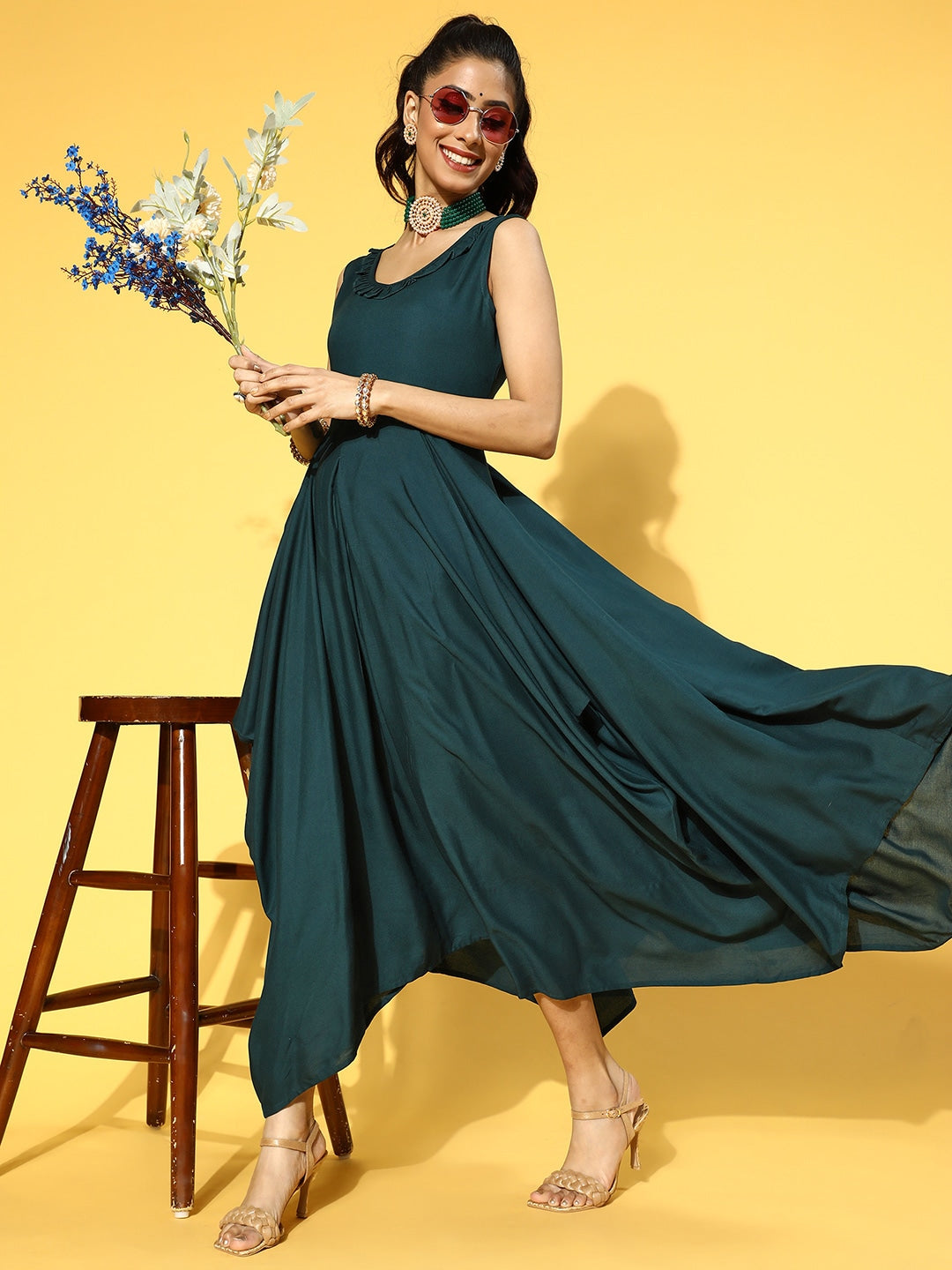 Yufta Teal Green Solid Maxi Dress | Grocsy