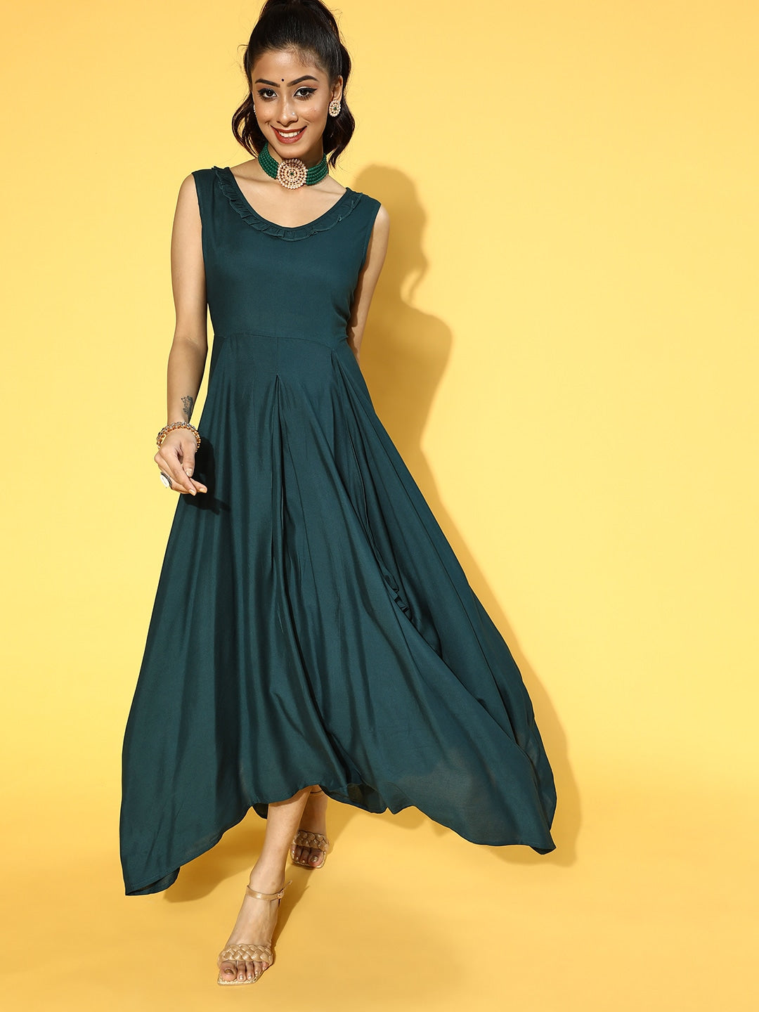 Yufta Teal Green Solid Maxi Dress | Grocsy