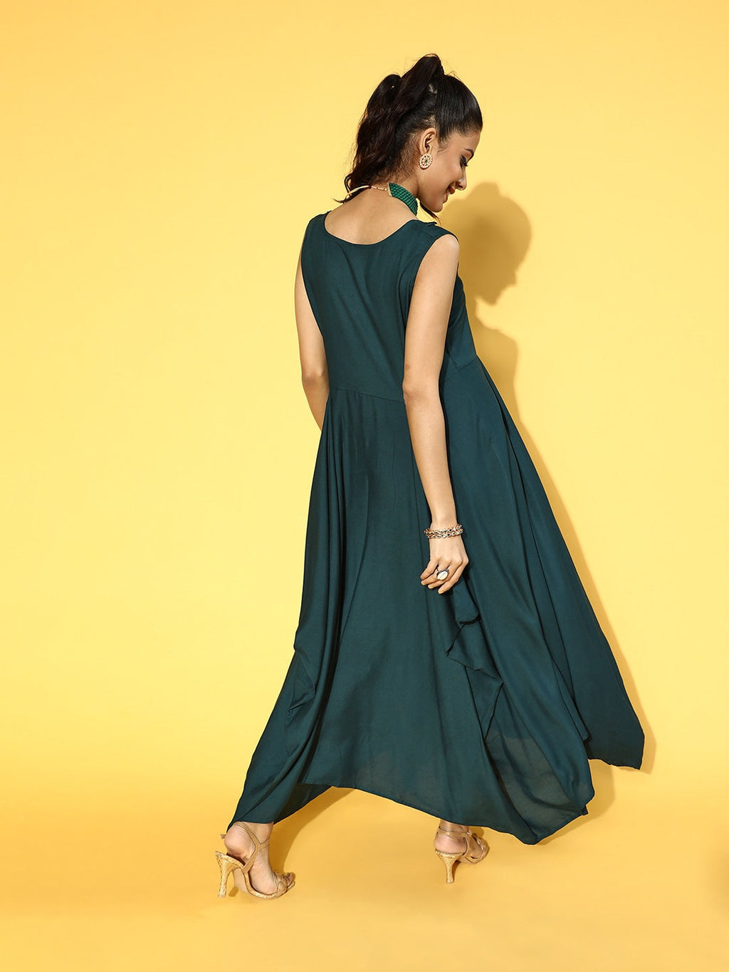 Yufta Teal Green Solid Maxi Dress | Grocsy