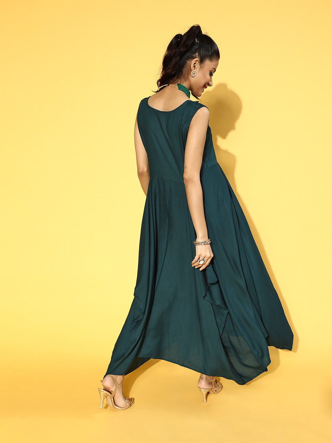 Yufta Teal Green Solid Maxi Dress | Grocsy
