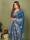 Anaita Teal Blue Zari Butta Work Satin Silk Saree With Blouse | Grocsy