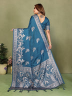 Anaita Teal Blue Zari Butta Work Satin Silk Saree With Blouse | Grocsy