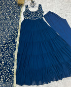 Lorenvalley Teal Faux Georgette Layer Gathering Anarkali Pant With Dupatta Set | Grocsy