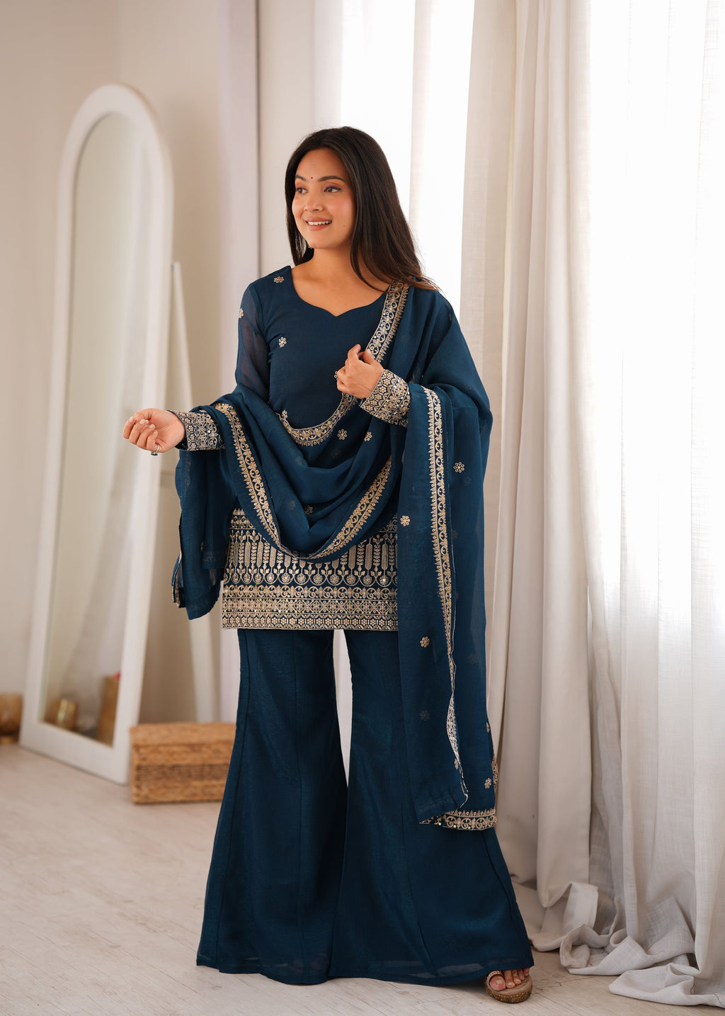 Lorenvalley Fashion Teal Crunchy Silk with Embroidery Sequins and Zari Work Kurta Bell Bottom Pant with Dupatta | Grocsy