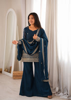 Lorenvalley Fashion Teal Crunchy Silk with Embroidery Sequins and Zari Work Kurta Bell Bottom Pant with Dupatta | Grocsy