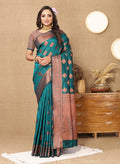 Lorenvalley Fashion Teal Soft Katan Silk Woven Design Copper Zari Weaving Saree | Grocsy