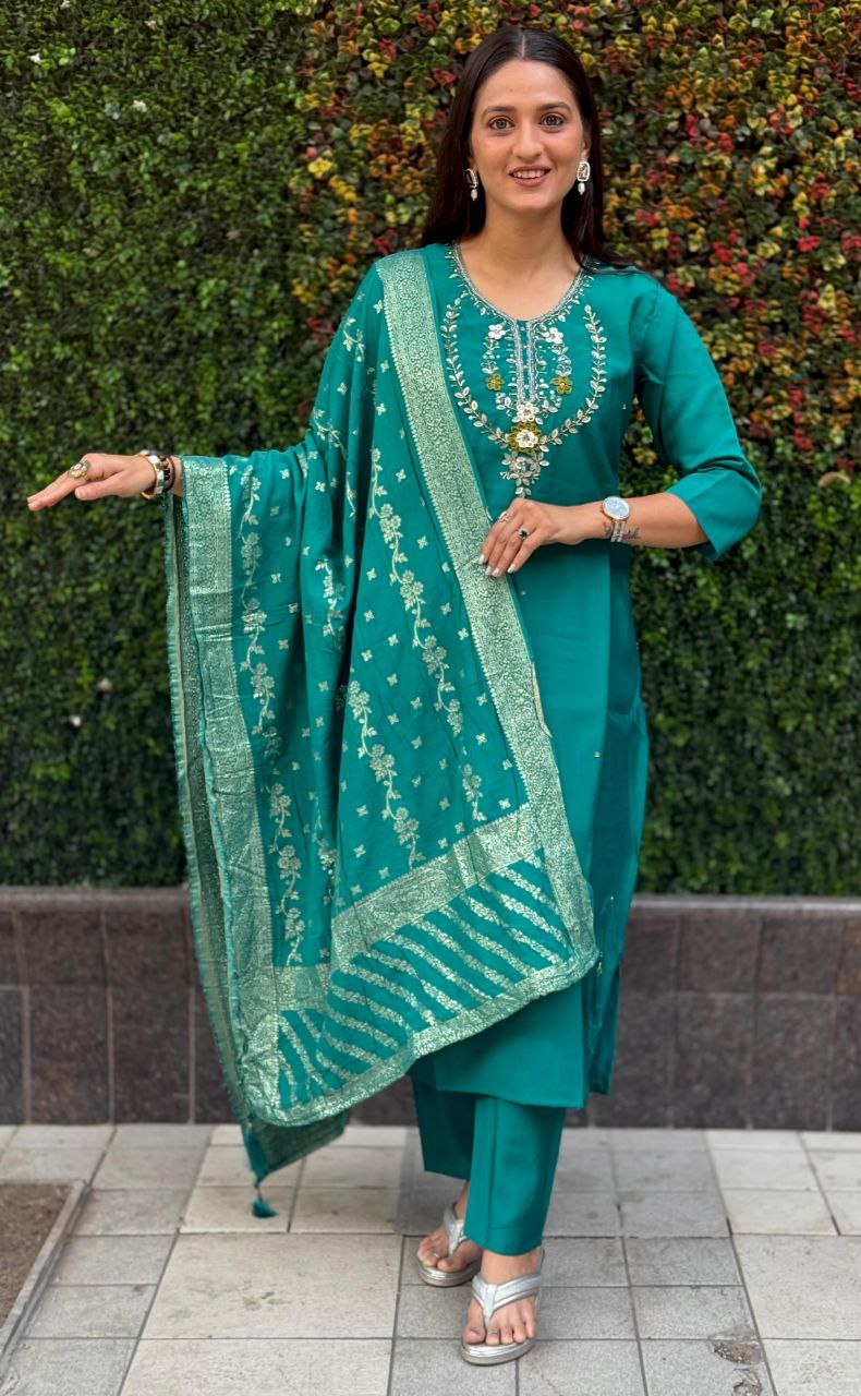 Lorenvalley Fashion Teal Roman Silk Hand Work Kurta Pant with Dupatta | Grocsy