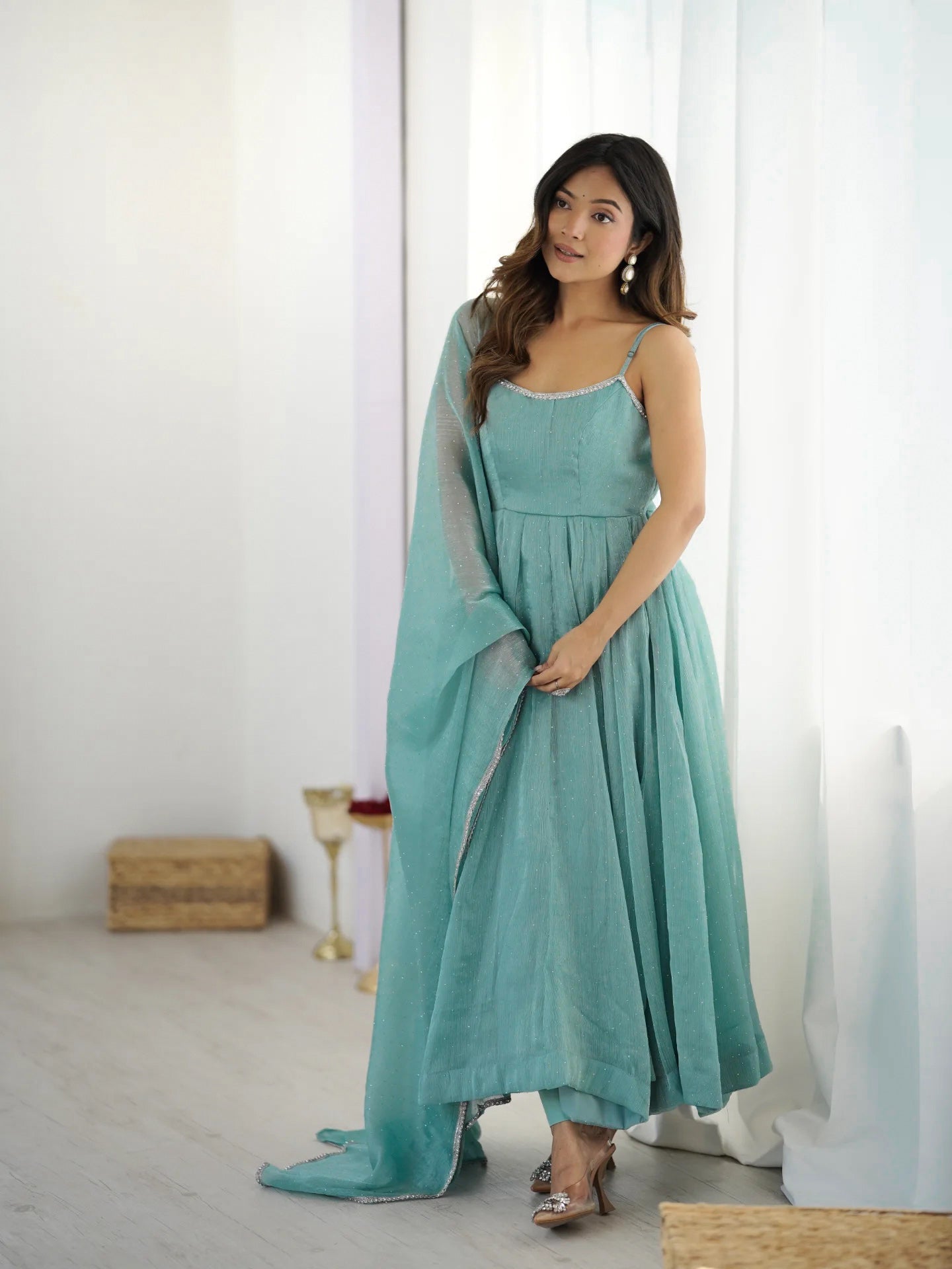 Lorenvalley Teal Crunchy Silk Fabric with Siroski Work Anarkali Pant With Dupatta Set | Grocsy