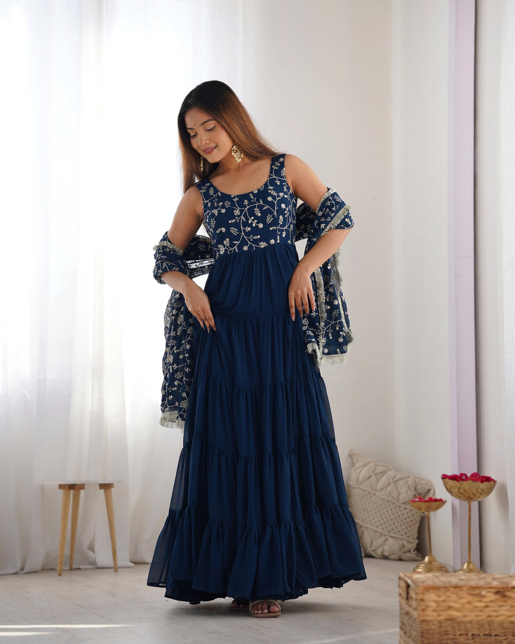 Lorenvalley Teal Faux Georgette Layer Gathering Anarkali Pant With Dupatta Set | Grocsy