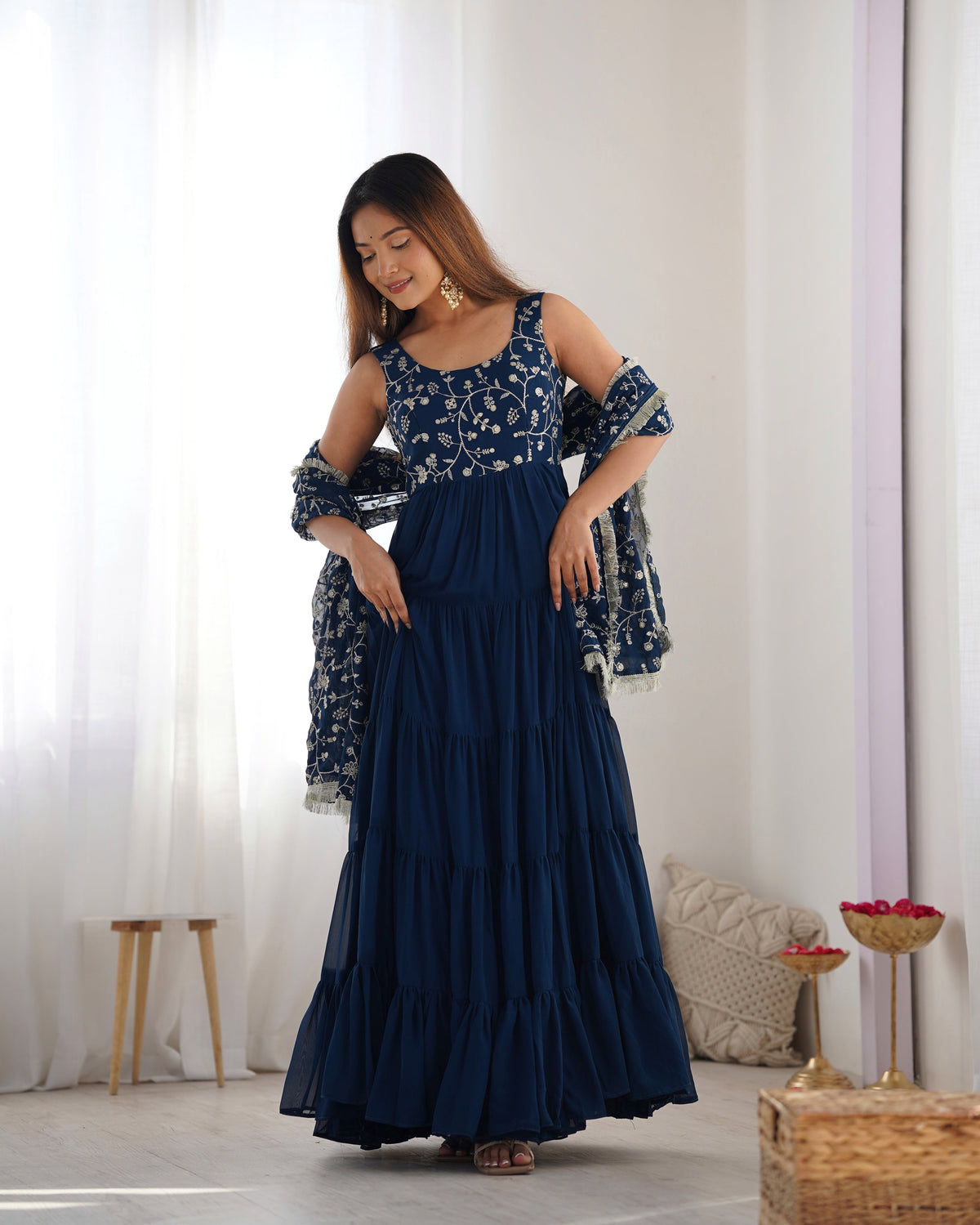 Lorenvalley Teal Faux Georgette Layer Gathering Anarkali Pant With Dupatta Set | Grocsy