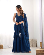 Lorenvalley Teal Faux Georgette Ready To Wear Sharara Saree with Full Stitched Blouse | Grocsy