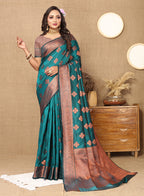 Lorenvalley Fashion Teal Soft Katan Silk Woven Design Copper Zari Weaving Saree | Grocsy