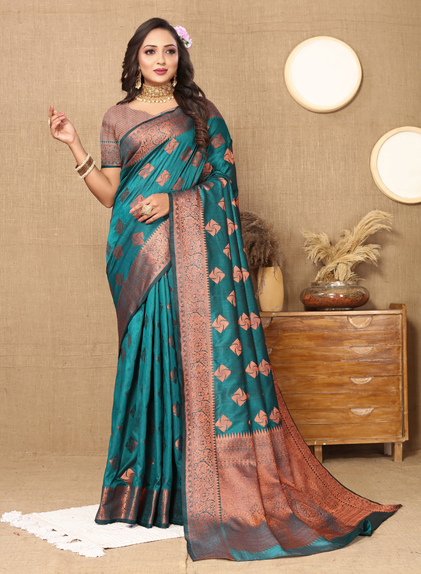 Lorenvalley Fashion Teal Soft Katan Silk Woven Design Copper Zari Weaving Saree | Grocsy