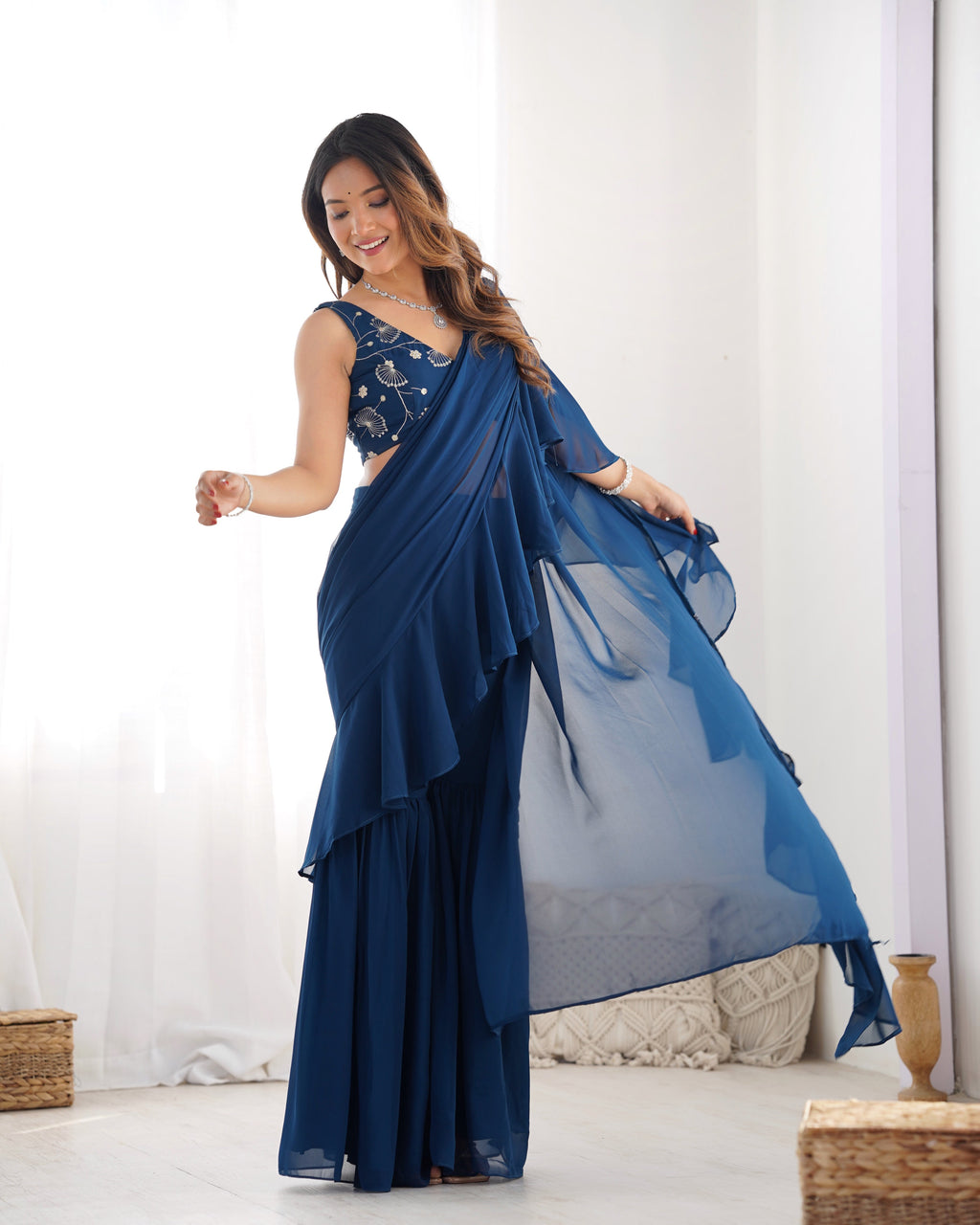 Lorenvalley Teal Faux Georgette Ready To Wear Sharara Saree with Full Stitched Blouse | Grocsy