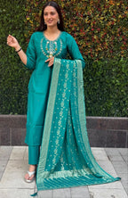 Lorenvalley Fashion Teal Roman Silk Hand Work Kurta Pant with Dupatta | Grocsy