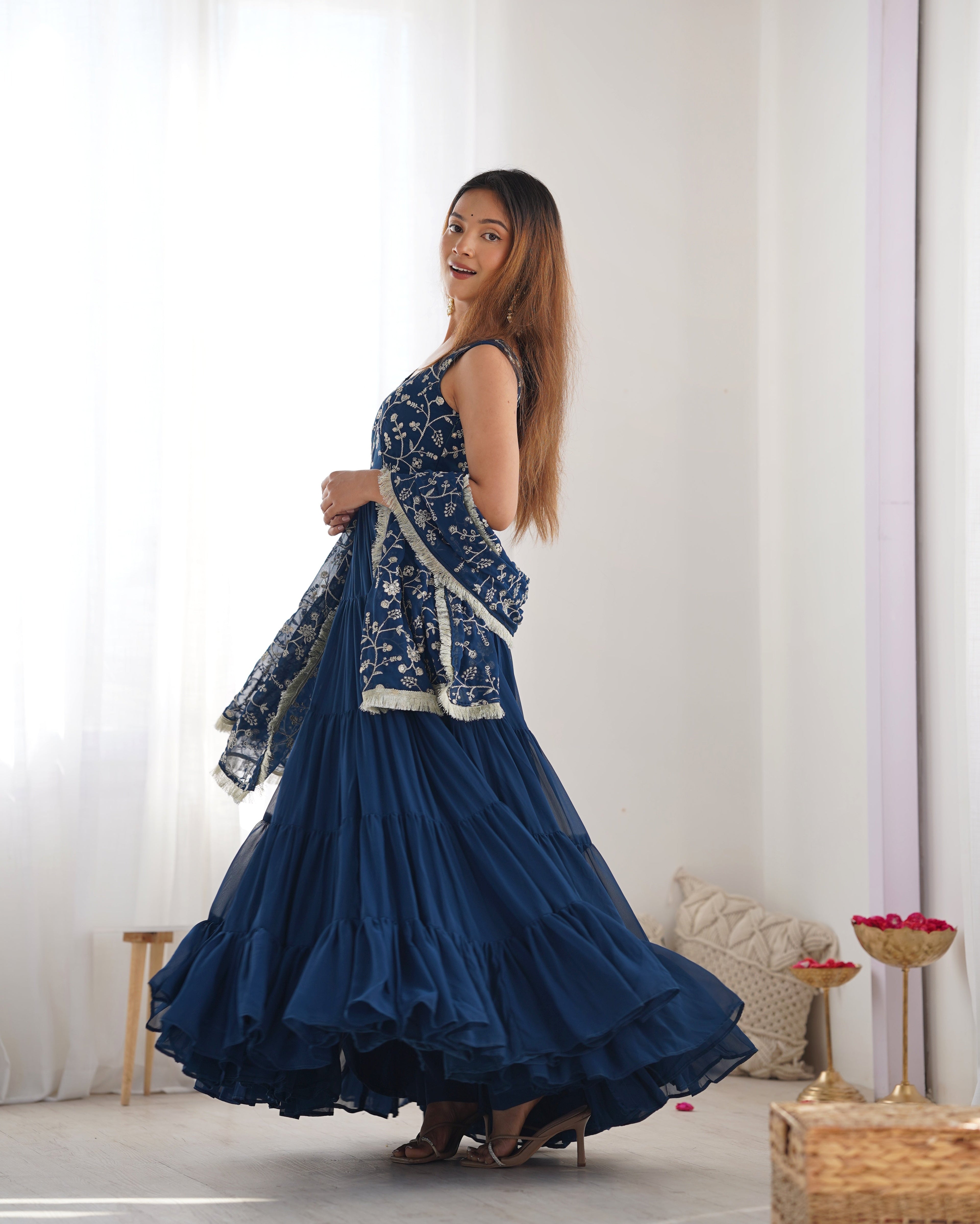 Lorenvalley Teal Faux Georgette Layer Gathering Anarkali Pant With Dupatta Set | Grocsy
