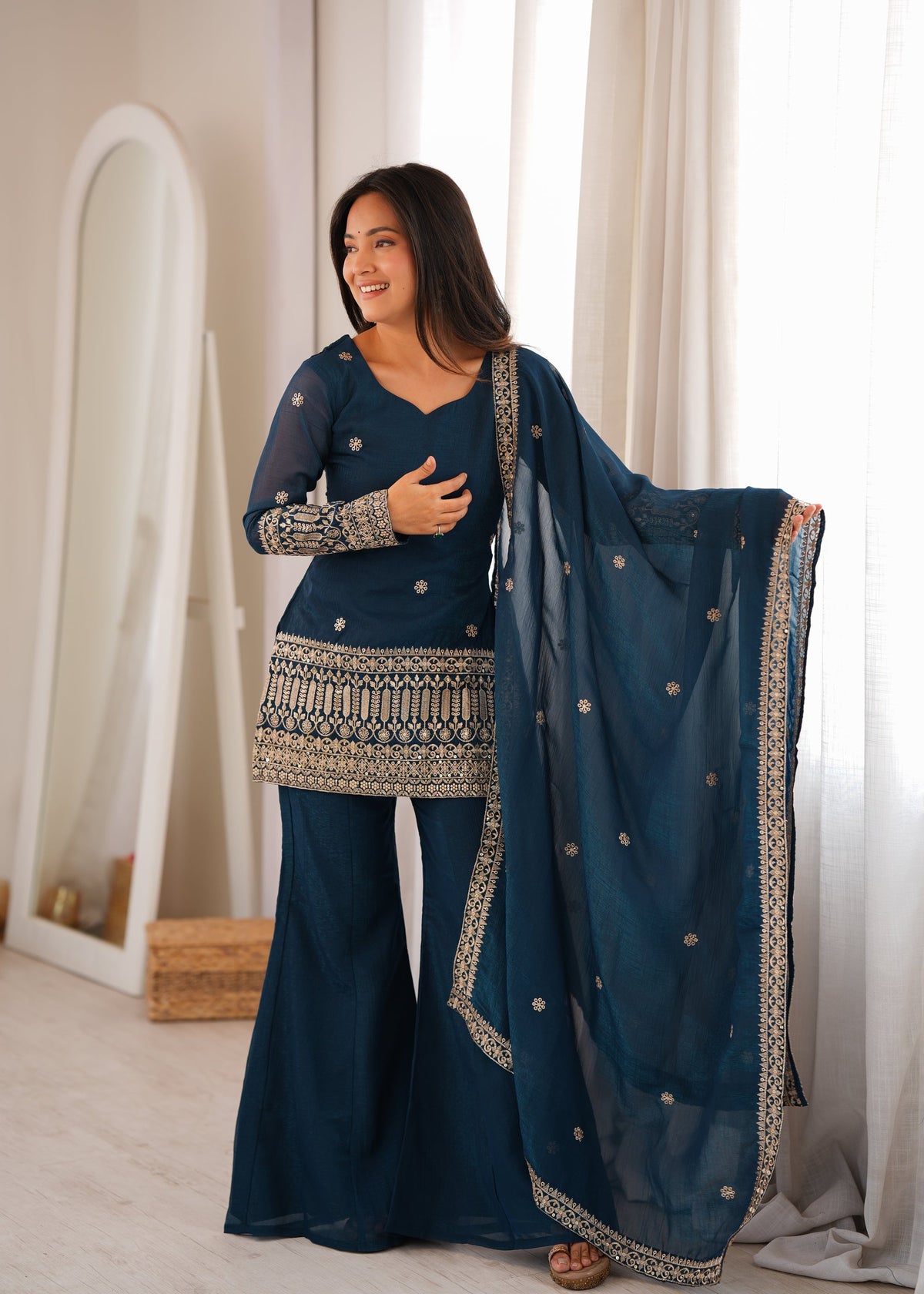 Lorenvalley Fashion Teal Crunchy Silk with Embroidery Sequins and Zari Work Kurta Bell Bottom Pant with Dupatta | Grocsy
