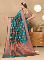 Lorenvalley Fashion Teal Soft Katan Silk Woven Design Copper Zari Weaving Saree | Grocsy