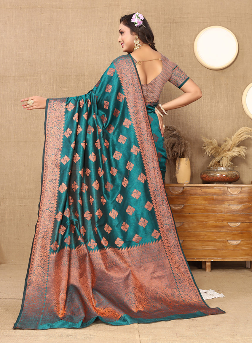 Lorenvalley Fashion Teal Soft Katan Silk Woven Design Copper Zari Weaving Saree | Grocsy