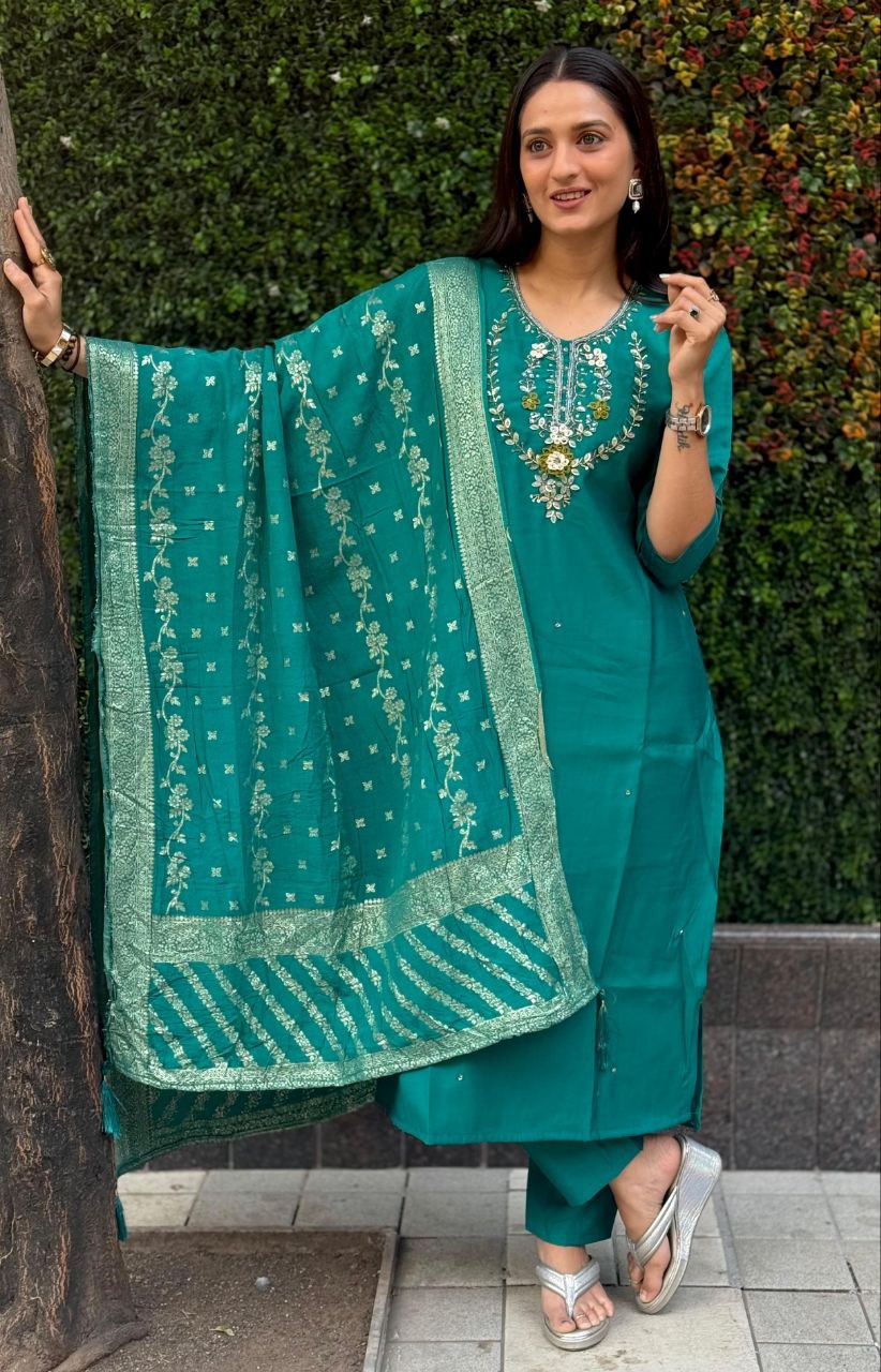 Lorenvalley Fashion Teal Roman Silk Hand Work Kurta Pant with Dupatta | Grocsy