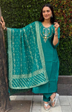 Lorenvalley Fashion Teal Roman Silk Hand Work Kurta Pant with Dupatta | Grocsy
