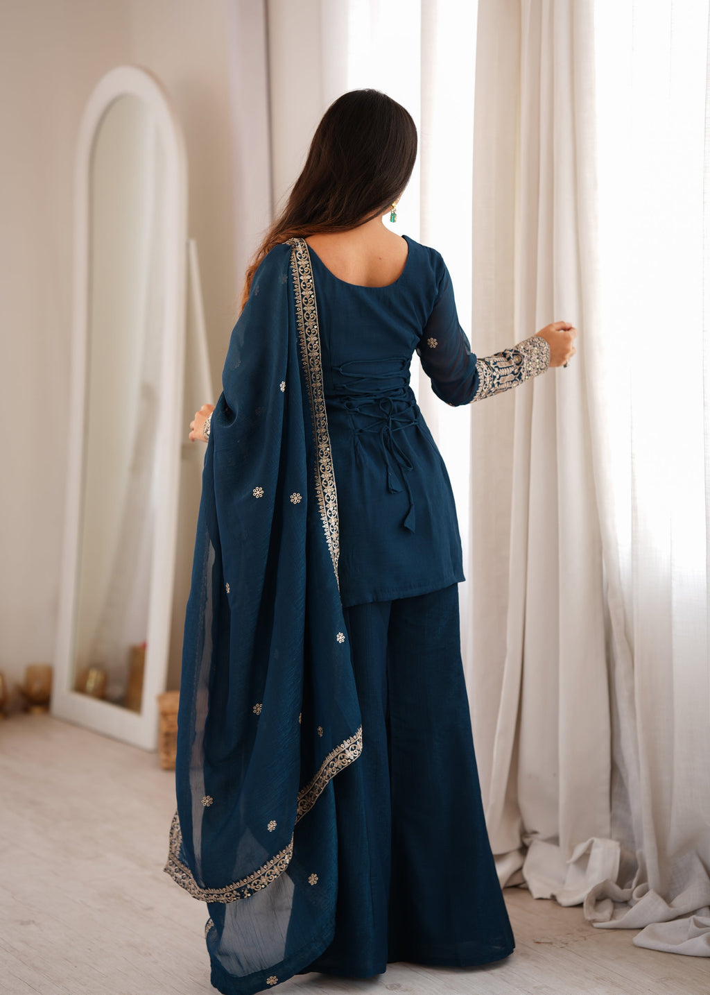 Lorenvalley Fashion Teal Crunchy Silk with Embroidery Sequins and Zari Work Kurta Bell Bottom Pant with Dupatta | Grocsy
