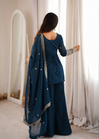 Lorenvalley Fashion Teal Crunchy Silk with Embroidery Sequins and Zari Work Kurta Bell Bottom Pant with Dupatta | Grocsy