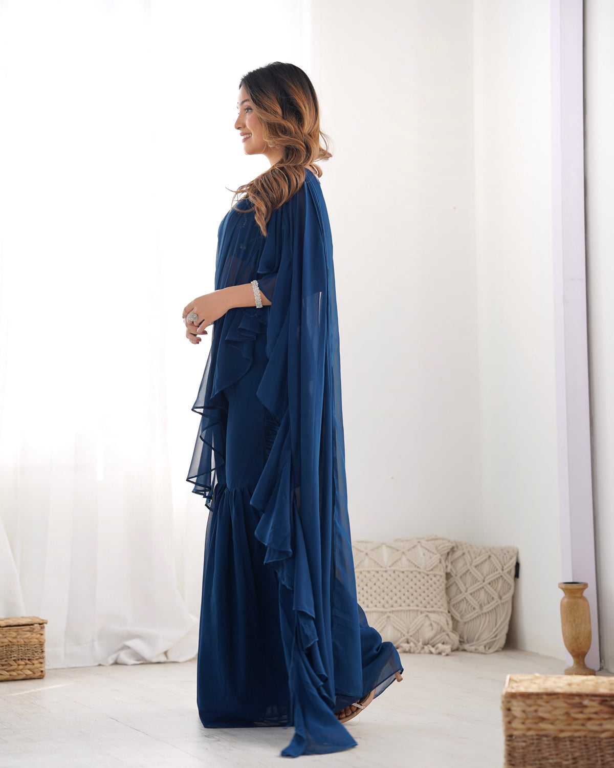 Lorenvalley Teal Faux Georgette Ready To Wear Sharara Saree with Full Stitched Blouse | Grocsy