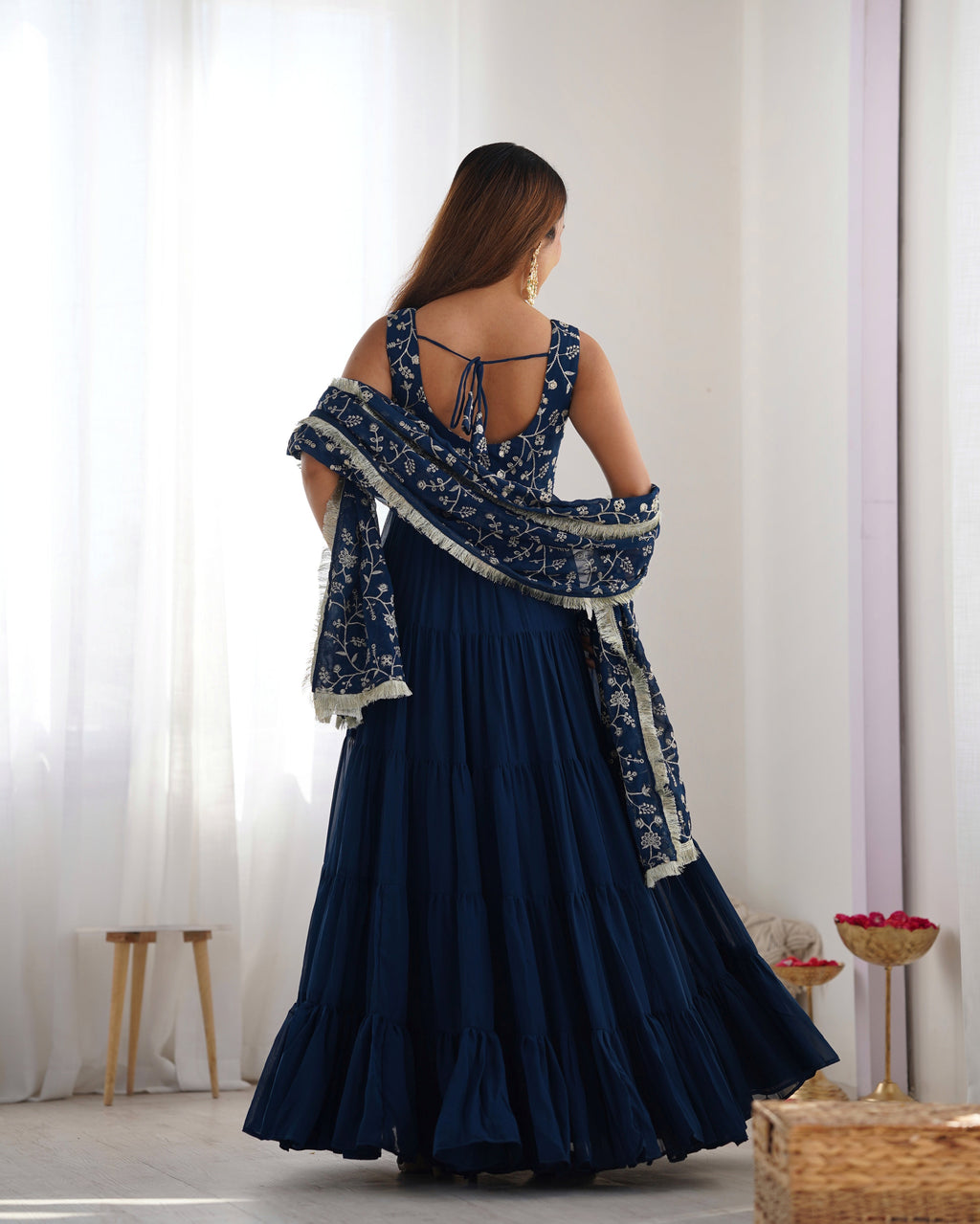 Lorenvalley Teal Faux Georgette Layer Gathering Anarkali Pant With Dupatta Set | Grocsy