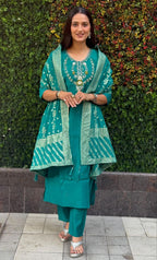 Lorenvalley Fashion Teal Roman Silk Hand Work Kurta Pant with Dupatta | Grocsy