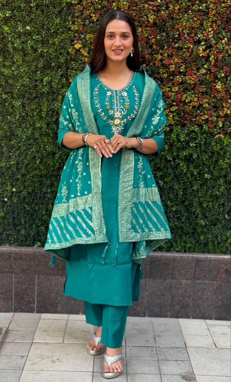 Lorenvalley Fashion Teal Roman Silk Hand Work Kurta Pant with Dupatta | Grocsy