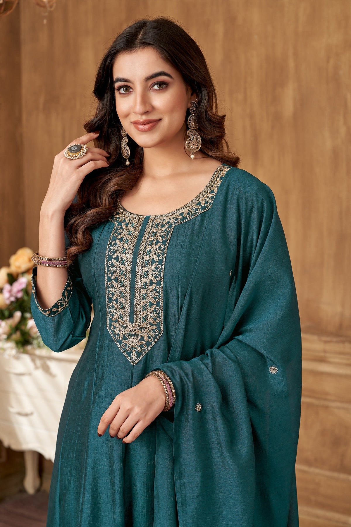 Anaita Teal Anarkali Readymade Suit with Embroidery Work | Grocsy