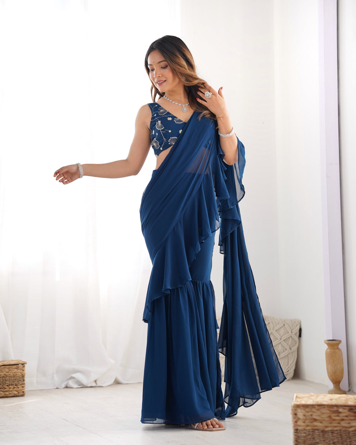 Lorenvalley Teal Faux Georgette Ready To Wear Sharara Saree with Full Stitched Blouse | Grocsy