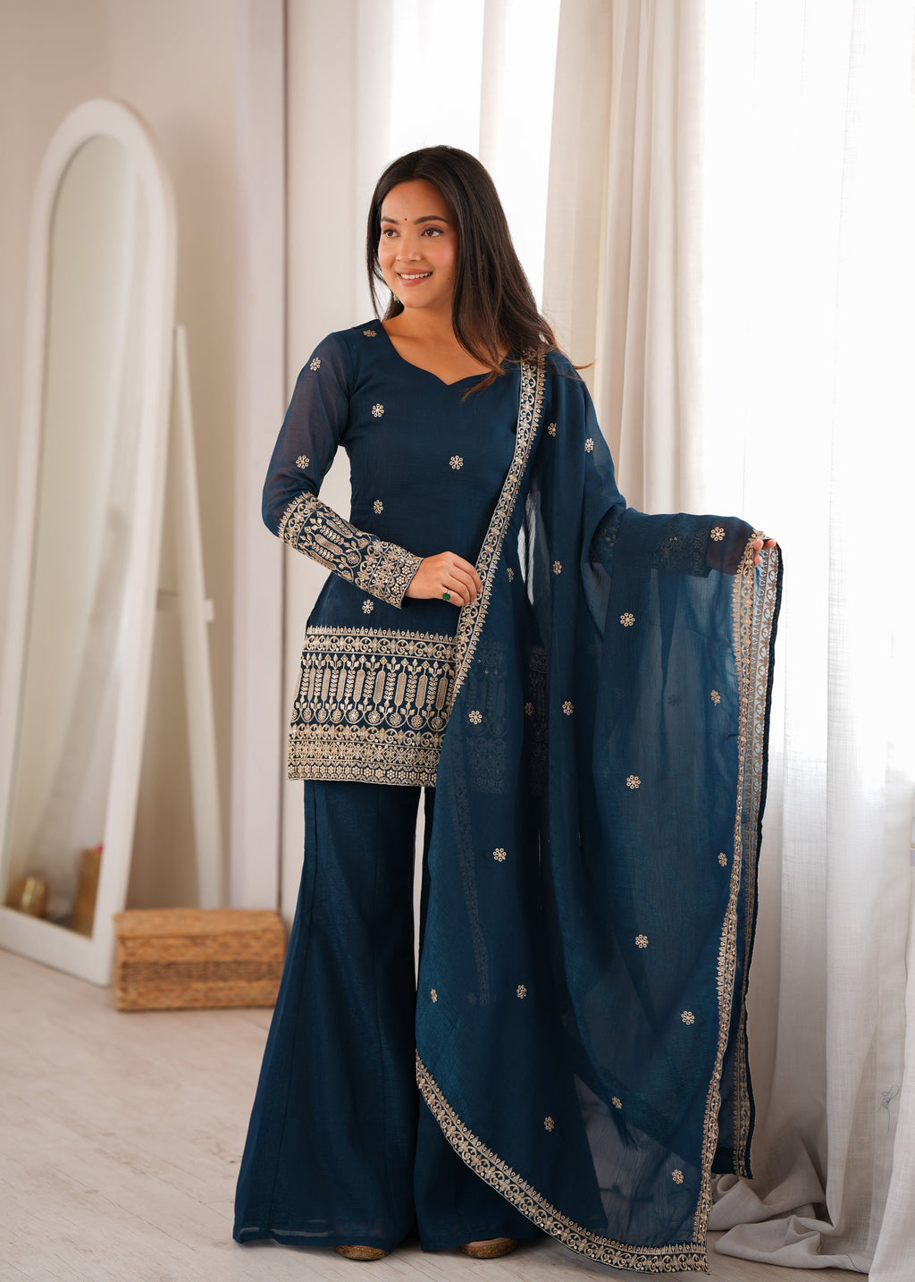 Lorenvalley Fashion Teal Crunchy Silk with Embroidery Sequins and Zari Work Kurta Bell Bottom Pant with Dupatta | Grocsy
